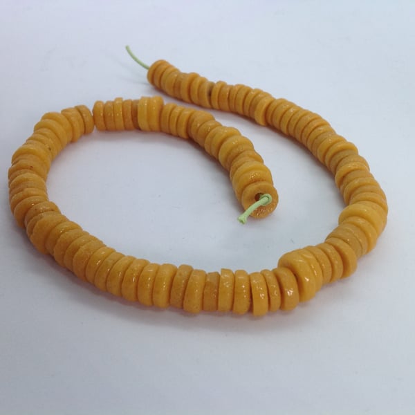 African recycled glass disc beads, golden yellow