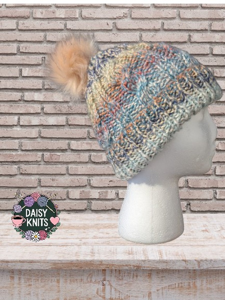 Hand Knitted hat, Ladies Beanie Hat, beanie, pom pom hat