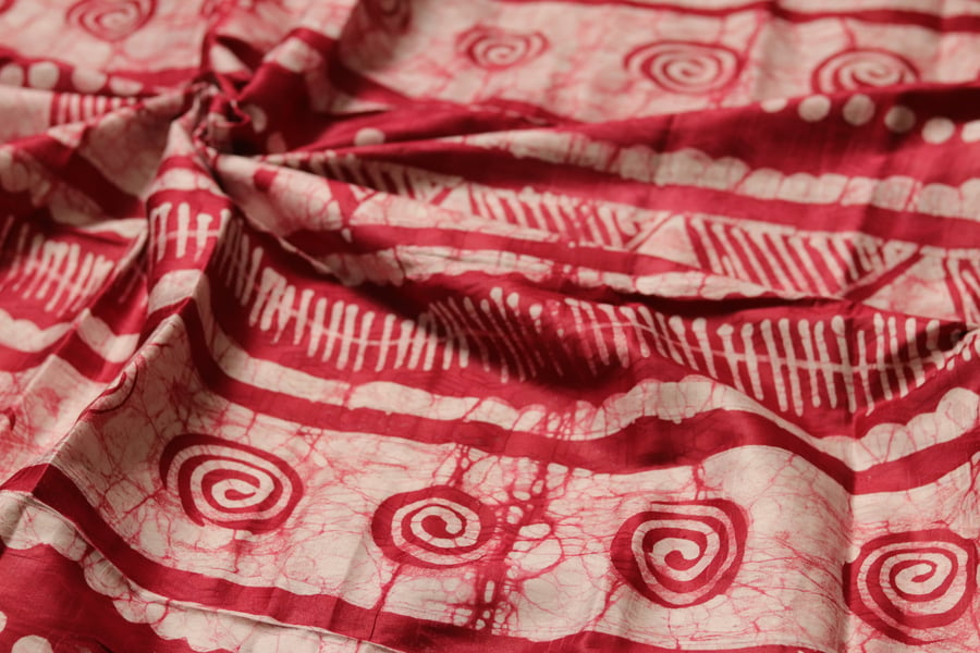 red handmade Nigerian batik fabric,  hand printed African adire batik fabric