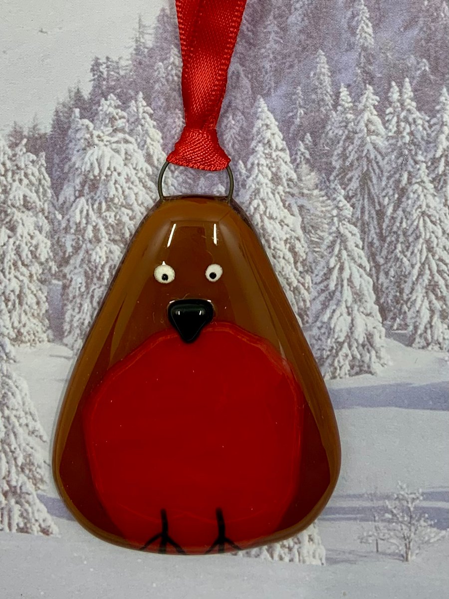 Handmade Fused Glass Robin Hanging Christmas Decoration 