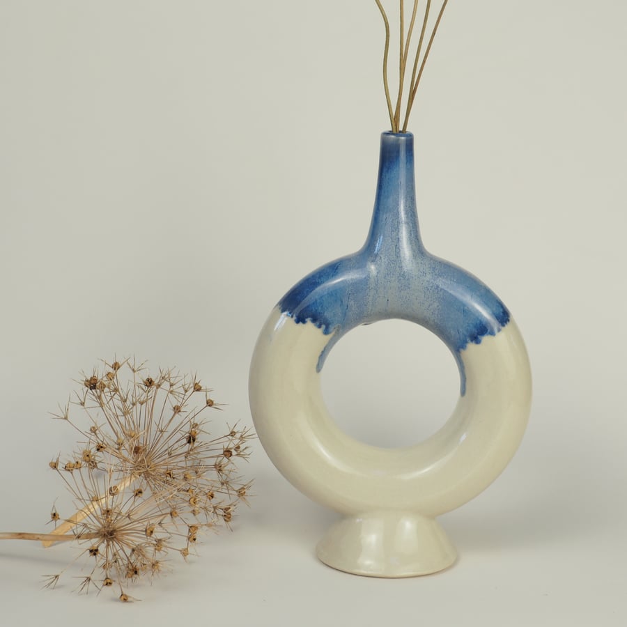 Handmade Ceramic Blue Dipped Torus Vase