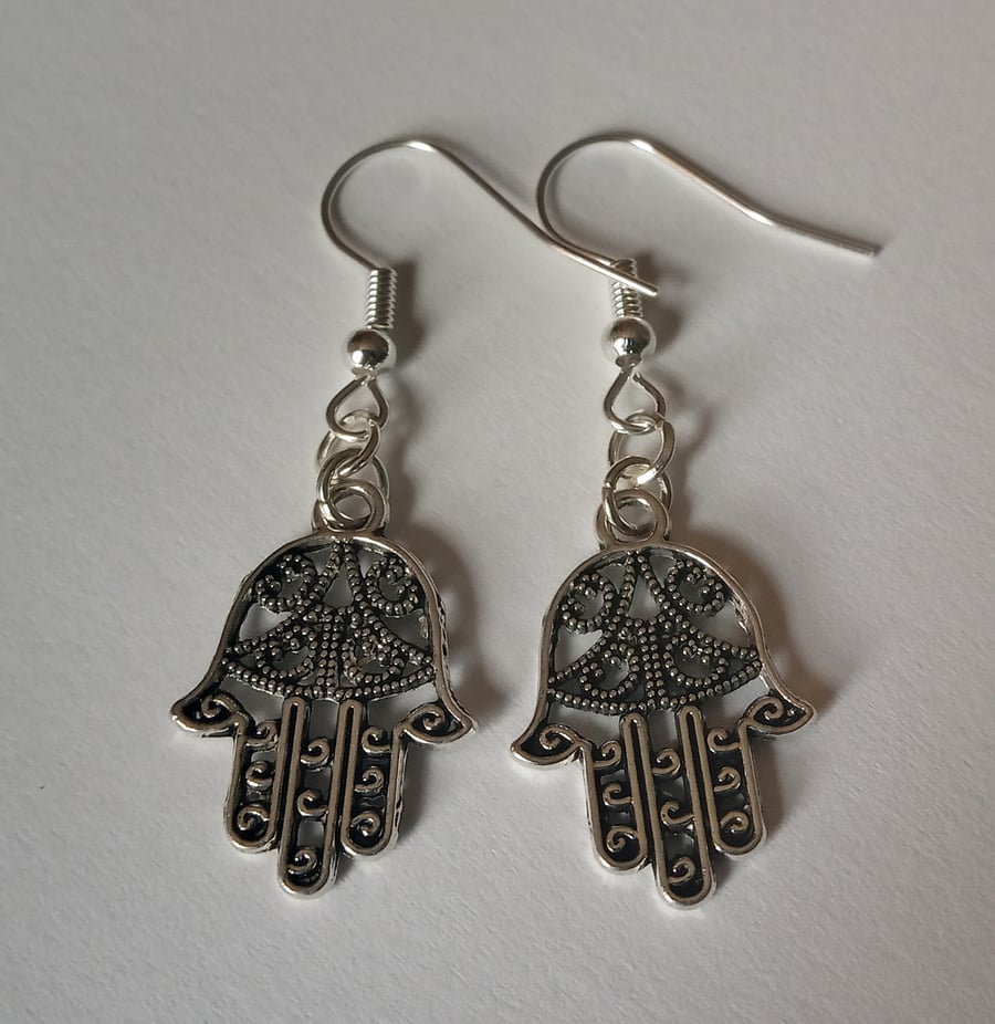 Filigree Hamsa Hand Eastern Drop Dangle Earrings Silver Plate 