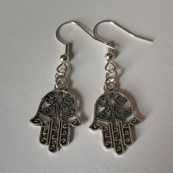 Filigree Hamsa Hand Eastern Drop Dangle Earrings Silver Plate 