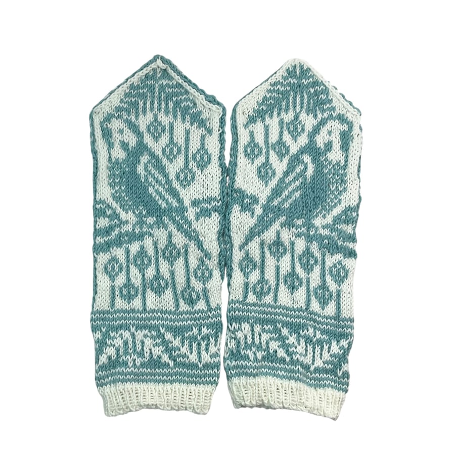 Budgie wool mittens, bird lover mittens, blue budgerigar hand knitted mittens,