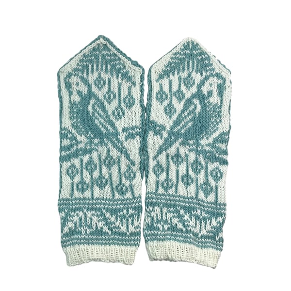 Budgie wool mittens, bird lover mittens, blue budgerigar hand knitted mittens,