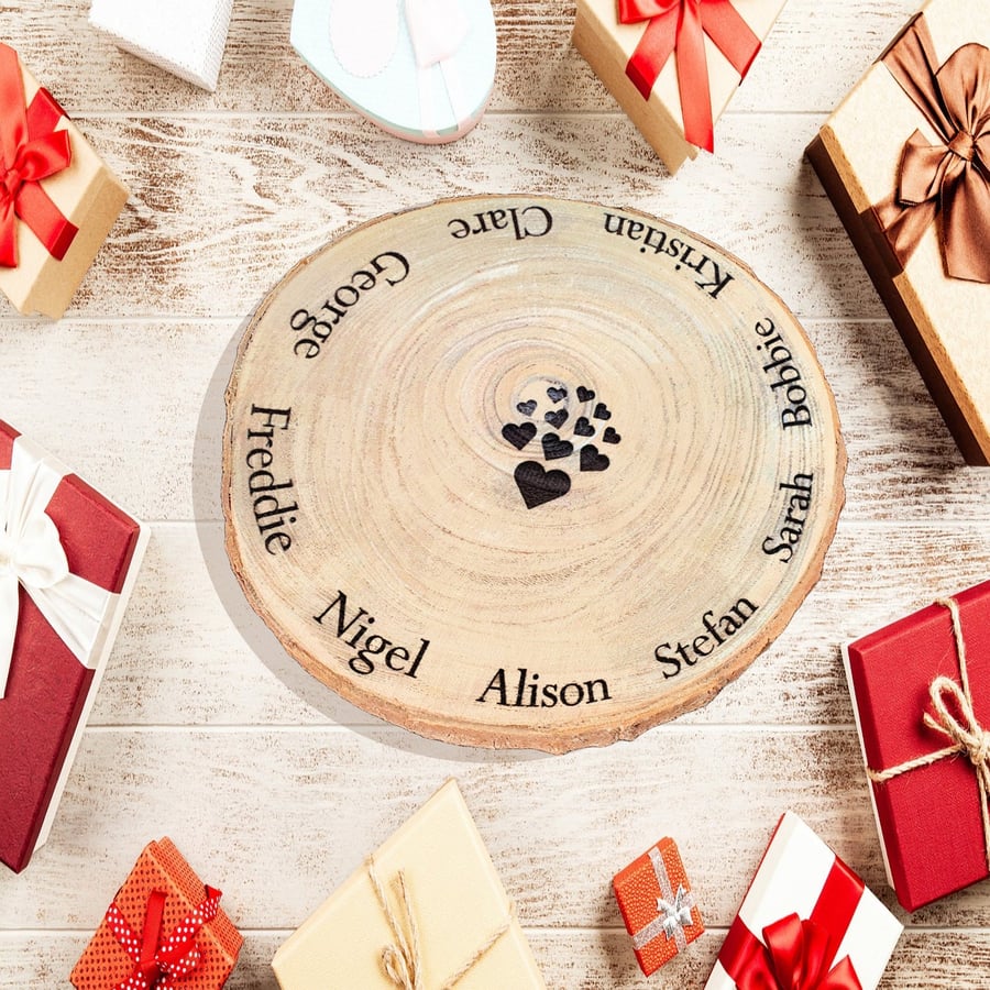 Personalised Large Wood Slice With Bark, Natural Rustic Wedding, Cake Stand