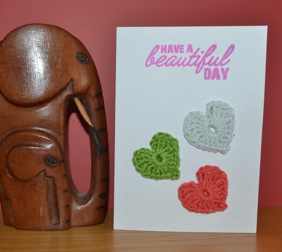 Greeting card with crochet hearts - No. 10