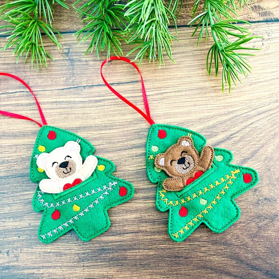 Bear in a Tree Christmas Hanging Decorations Personalised Gift