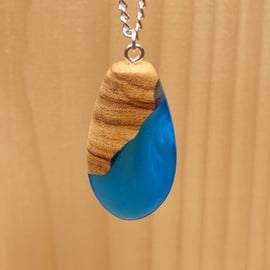 Olive wood and blue resin pendant - free UK postage