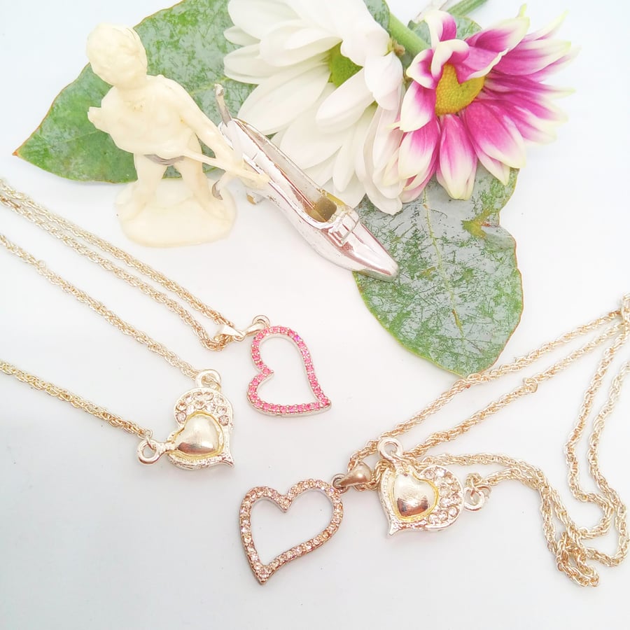 Pink or Clear Crystal Rhinestone Open Heart Pendant Necklace, Bridal Jewellery