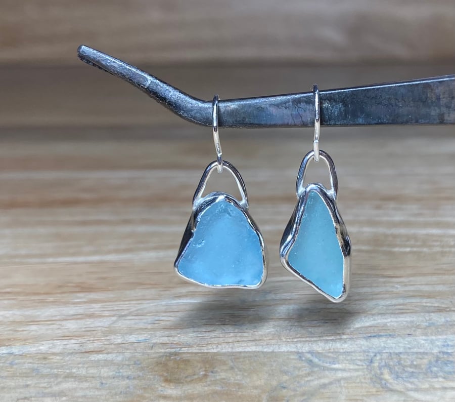 Handmade Sterling & Fine Silver Dangle Earrings with Aqua Welsh Sea-Glass