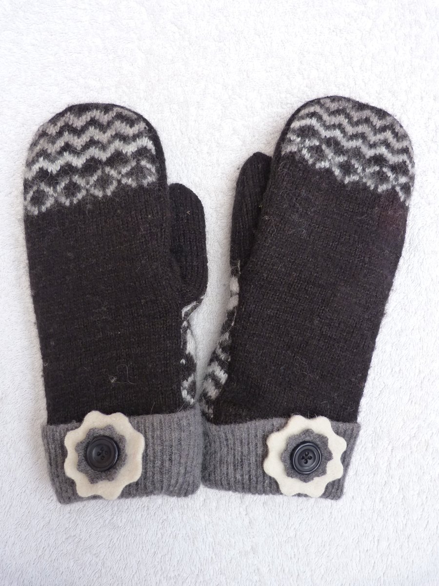 Wool mittens Created from Up-cycled Sweaters. Black & White. Pattern Thumb.
