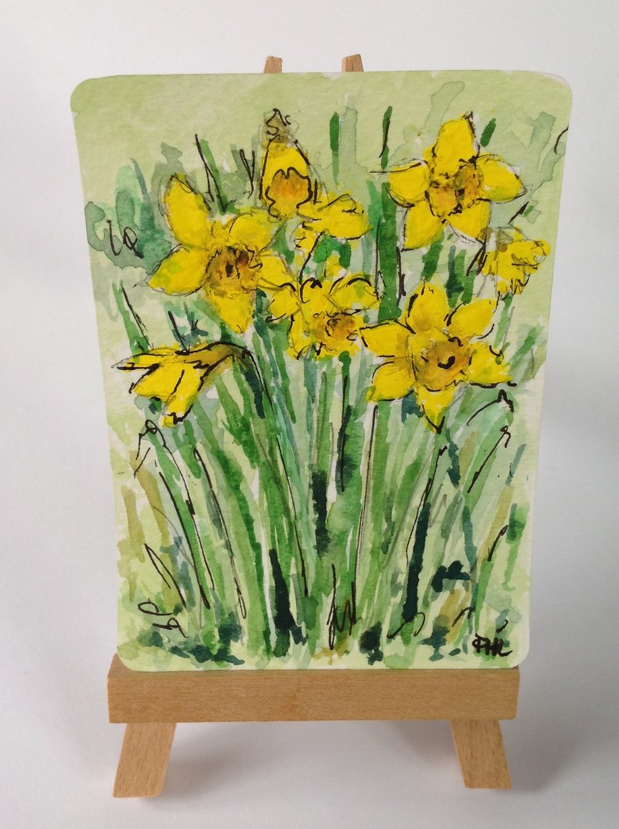 Daffodils at Rutland Water ACEO original painting