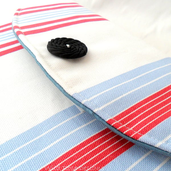Blue, red and white striped iPad sleeve.  
