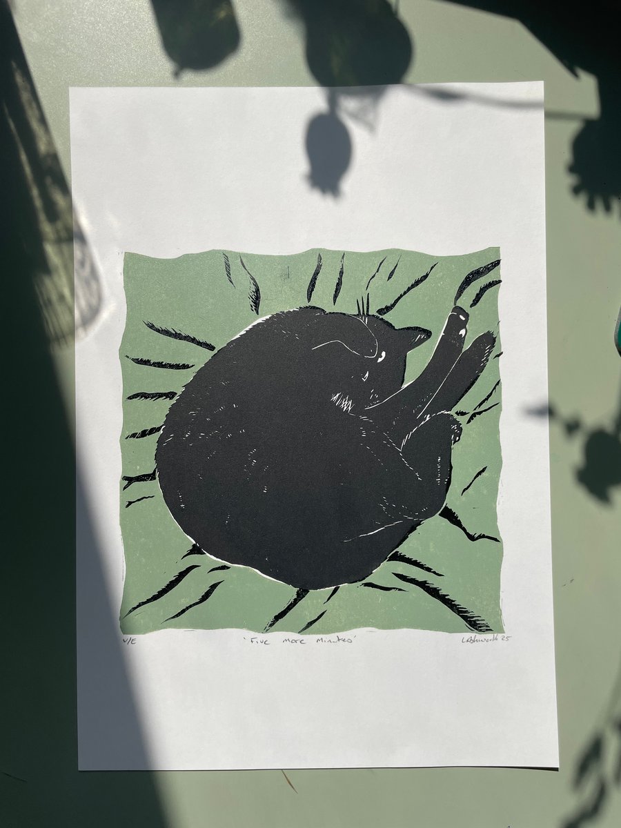 Five More Minutes- - Original Lino Print Green