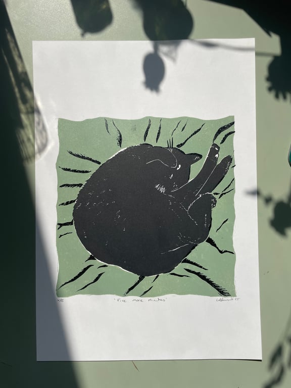 Five More Minutes- - Original Lino Print Green