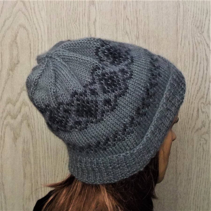 Beanie hat British Wensleydale wool knitted hat grey and charcoal Fairisle