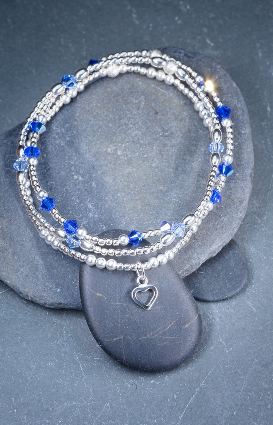 Sterling silver stacking bracelets with blue swarovski beads