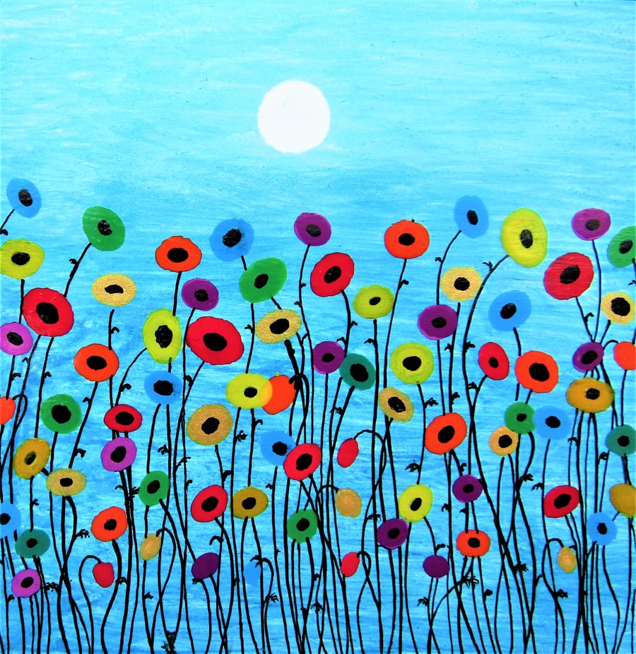 Poppies Card, Rainbow Flowers Moon, Birthday Card, Sympathy, Poppy Art Cards