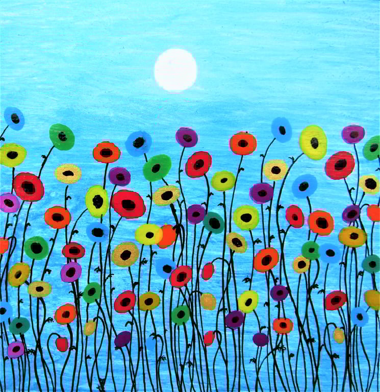 Poppies Card, Rainbow Flowers Moon, Birthday Card, Sympathy, Poppy Art Cards