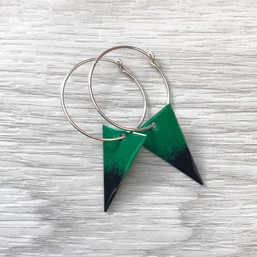 Green & Black Enamel Triangle on Sterling Silver hoop earrings