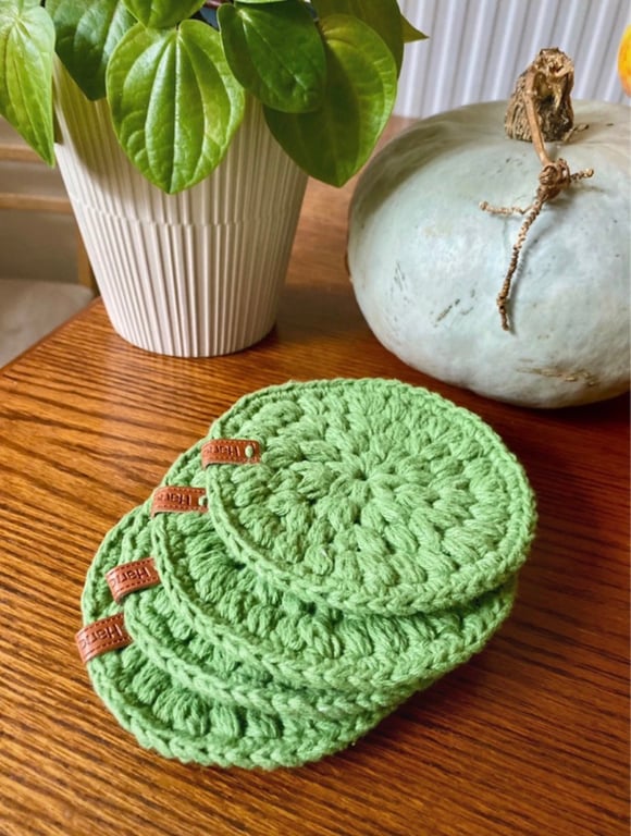Rustic crocheted green cotton coasters -set of 4