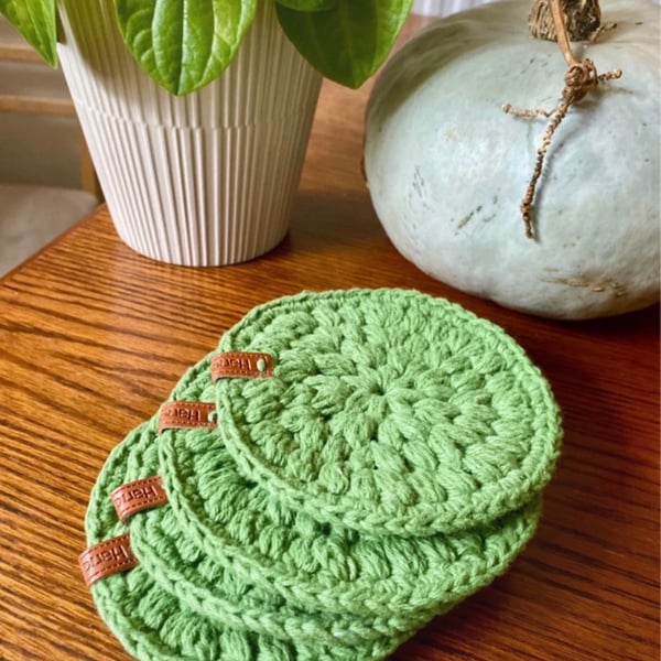 Rustic crocheted green cotton coasters -set of 4