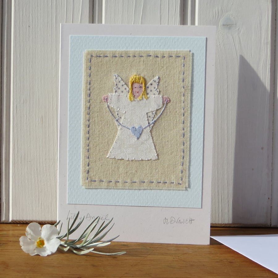 Little Angel hand-stitched card, pretty and delicate, for Christmas or new baby