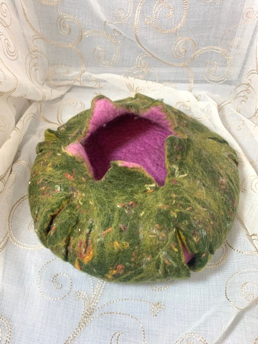 Green Pink Hand Felted Bowl With Cut Outs and Texture Seconds Sunday Piece