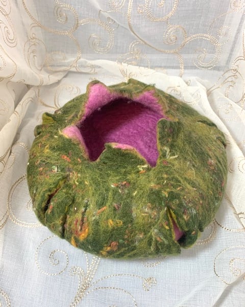Green Pink Hand Felted Bowl With Cut Outs and Texture Seconds Sunday Piece