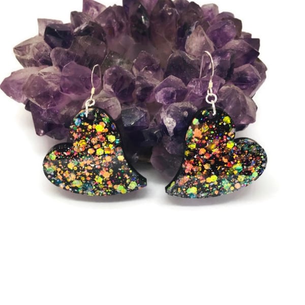 Black glitter heart dangle statement earrings on sterling silver ear wires