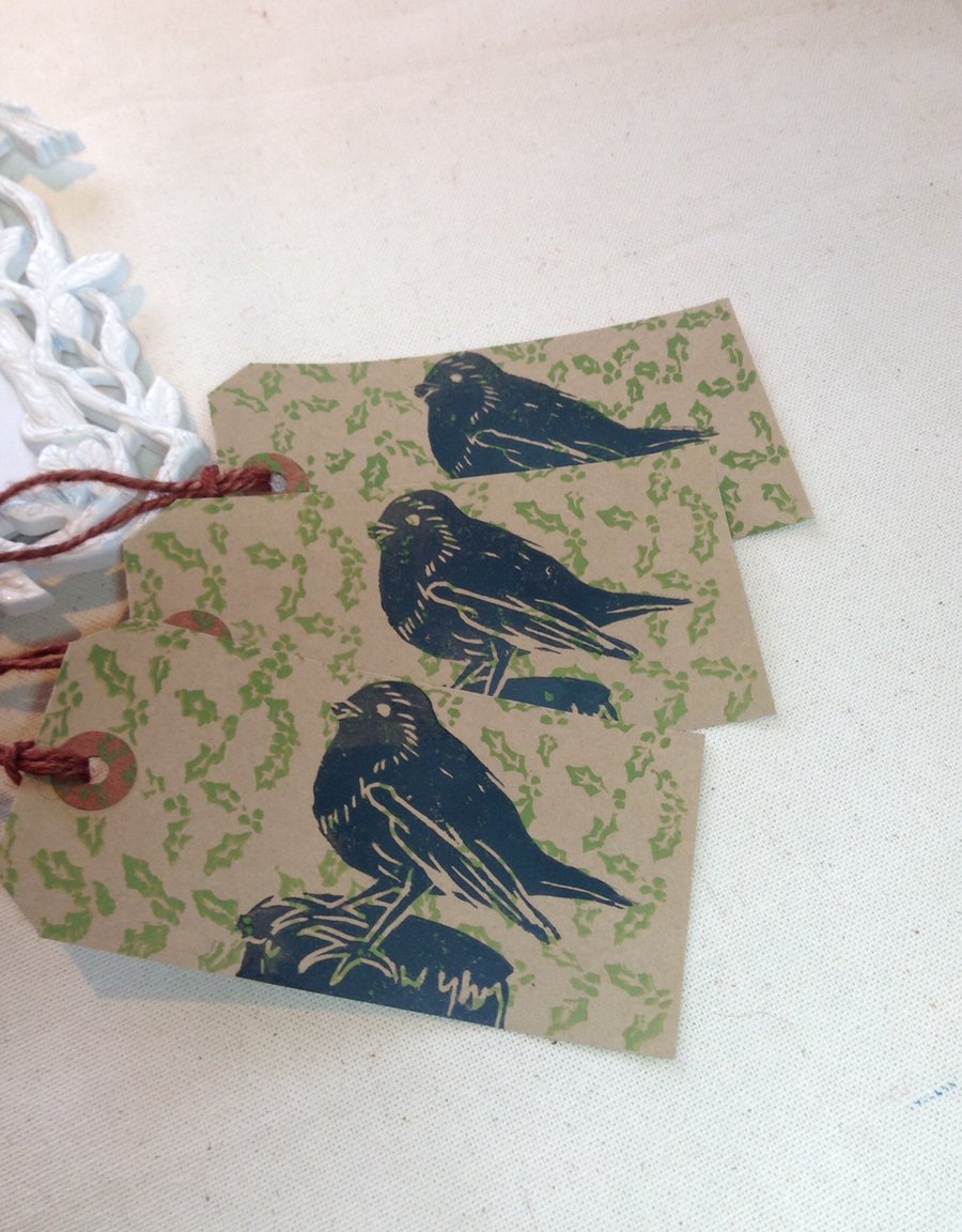 Hand printed Robin and Holly Gift Tags