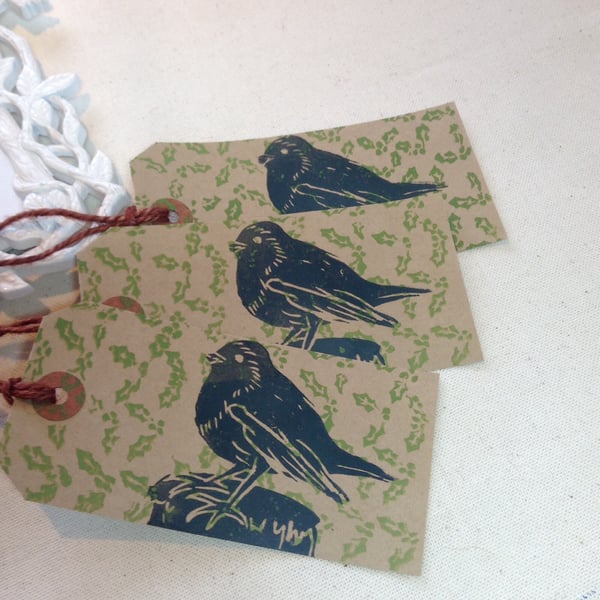 Hand printed Robin and Holly Gift Tags