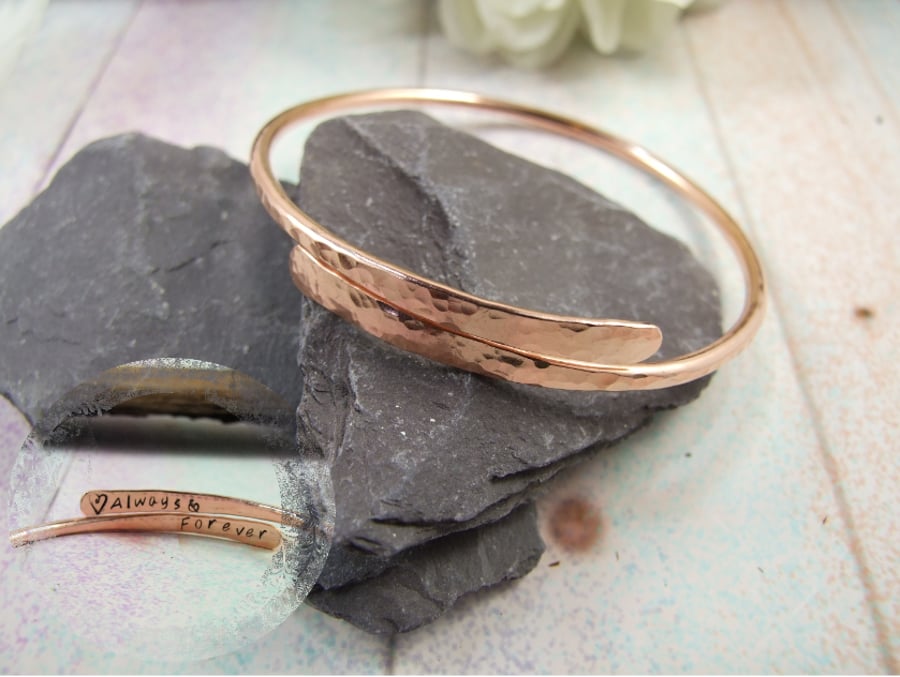 Copper Bangle, Hidden Message. Always & Forever, Hammered Copper Bracelet