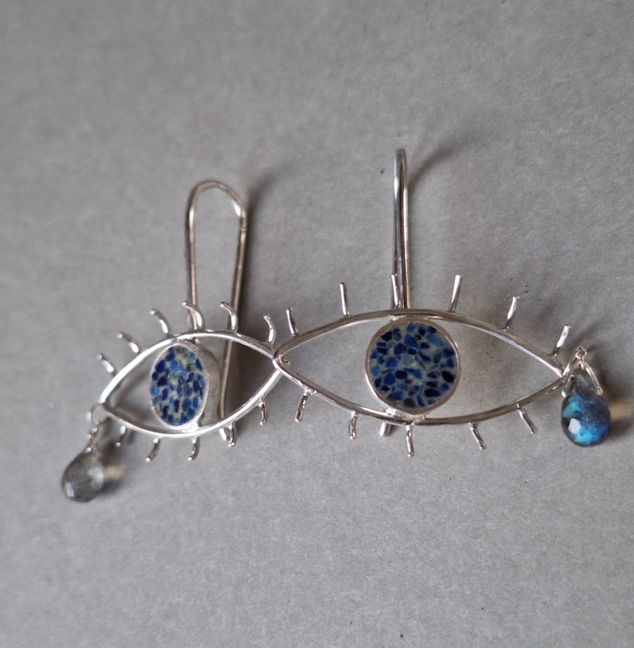 Silver Evil Eye Earrings with Labradorite Tear - Italian Micromosaic 