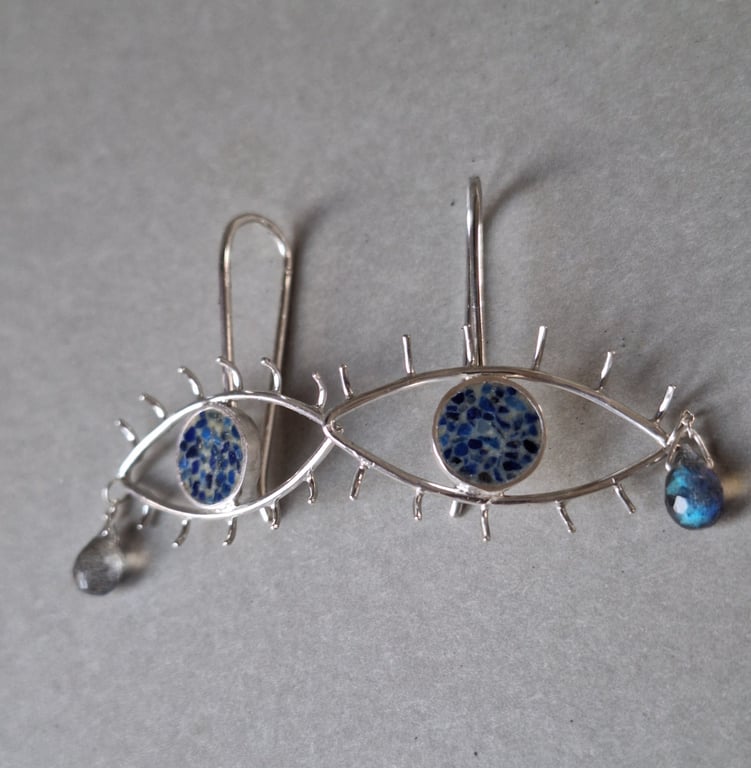 Silver Evil Eye Earrings with Labradorite Tear - Italian Micromosaic 