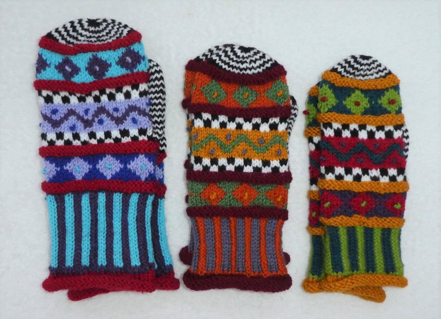 Multicolour Mittens Pattern in 3 Sizes. Knitting Pattern. PDF Knitting Pattern.