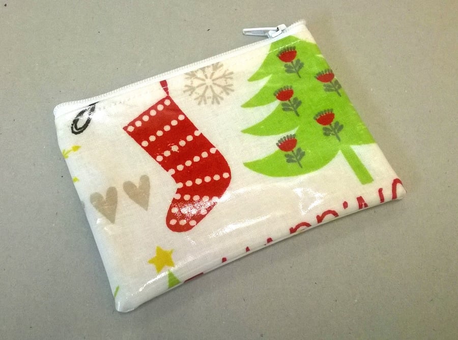 Christmas coin purse, fits coins and cards, wipe clean oilcloth