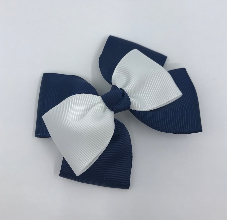 Navy and White Top Knot Bow on Clip