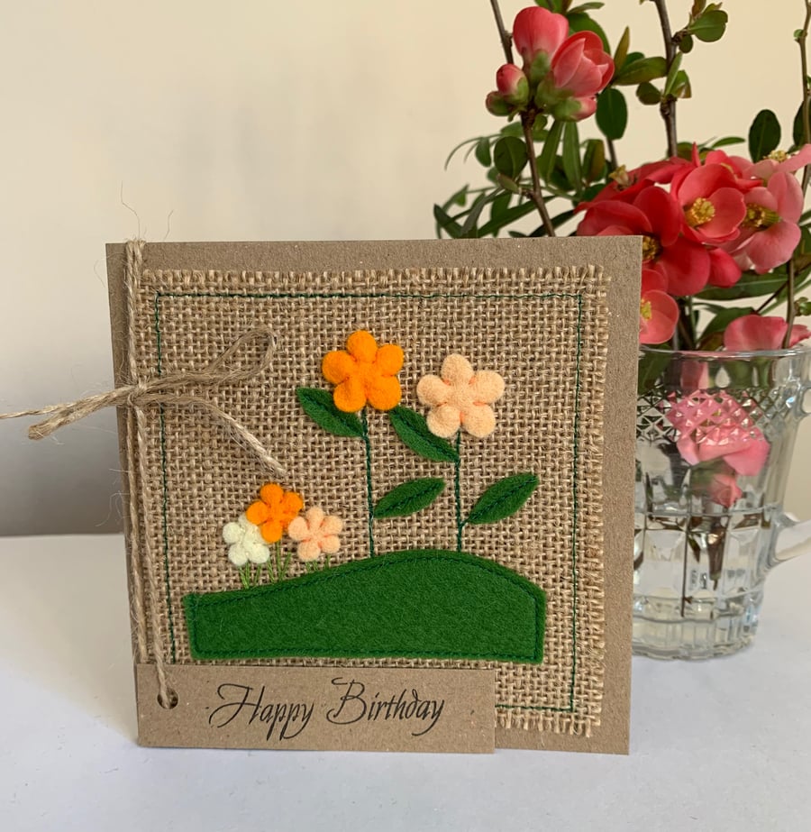 Birthday card. Orange and peach flowers. Wool felt. Handmade Card.