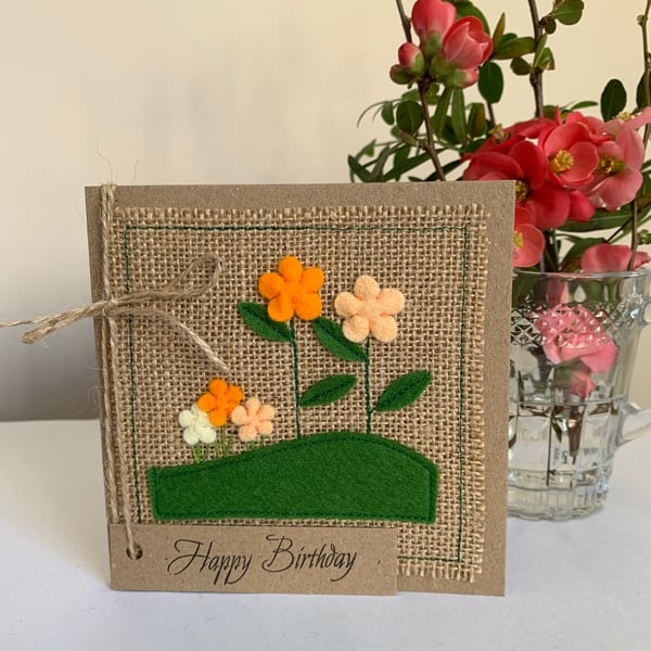 Birthday card. Orange and peach flowers. Wool felt. Handmade Card.
