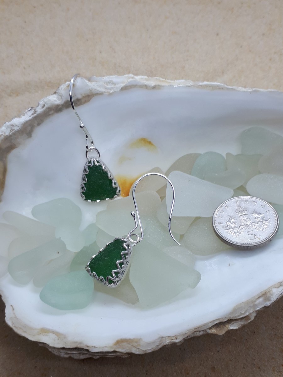 Green sea glass and silver earrings - Seconds Sunday 