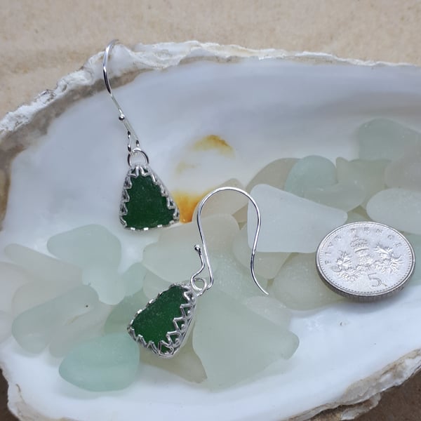 Green sea glass and silver earrings - Seconds Sunday 