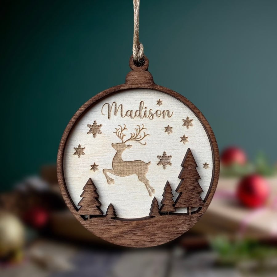 Personalised Wooden Christmas Decoration, Wooden Reindeer Ornament, Named Bauble