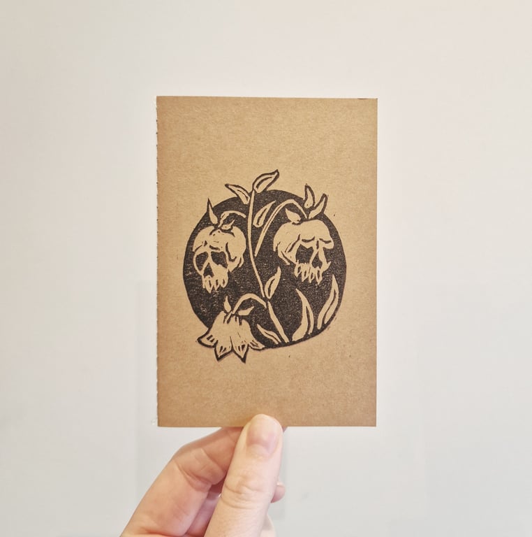 Lily of the Valley Skull Lino Printed Pocket Notebook