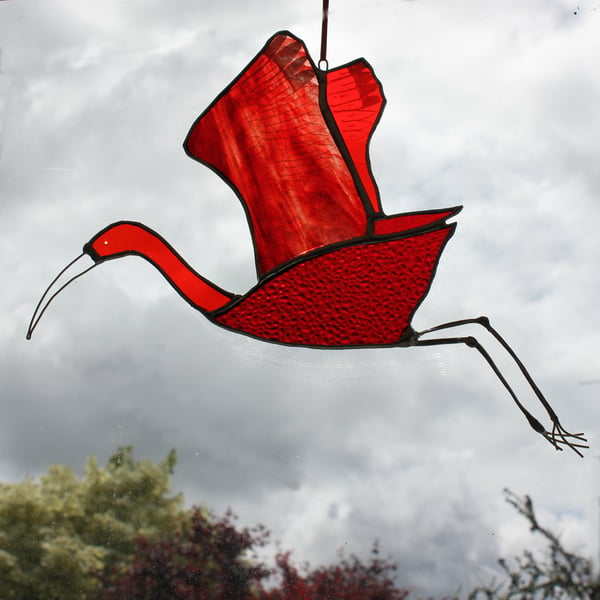 Stained Glass Scarlet Ibis bird hanging