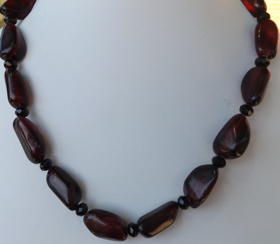 20" red dyed quartz and black crystal silver plated necklace