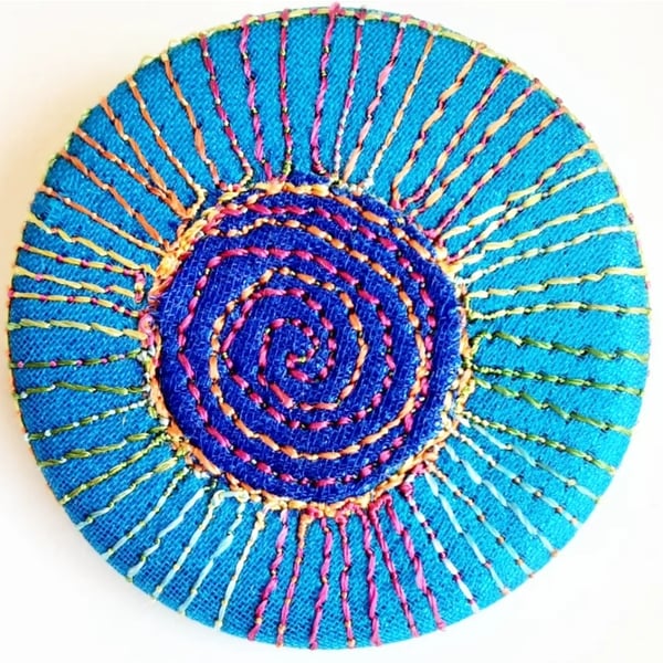 38mm Badge Hand Dyed Fabric Floral badge with Free Machine Embroidery 