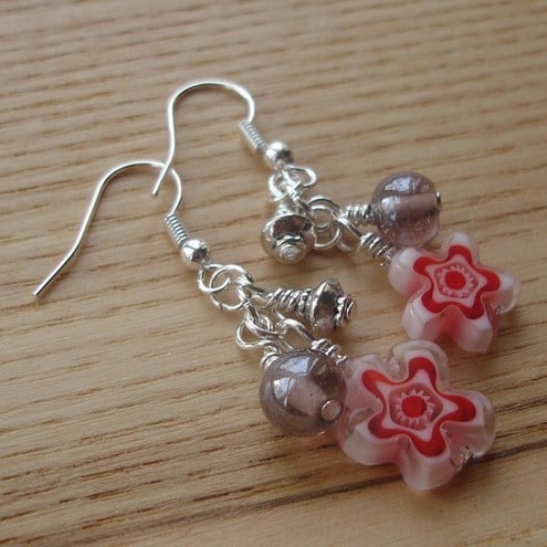 Red Flower Glass Bead Cluster Earrings
