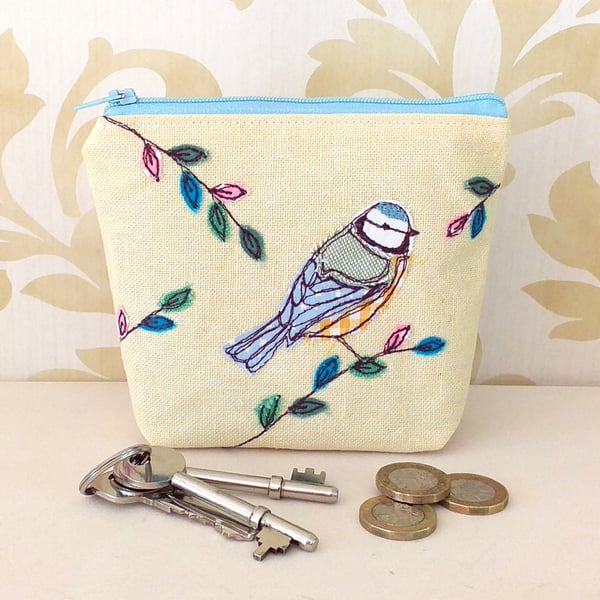 Coin Purse with Embroidered Blue Tit